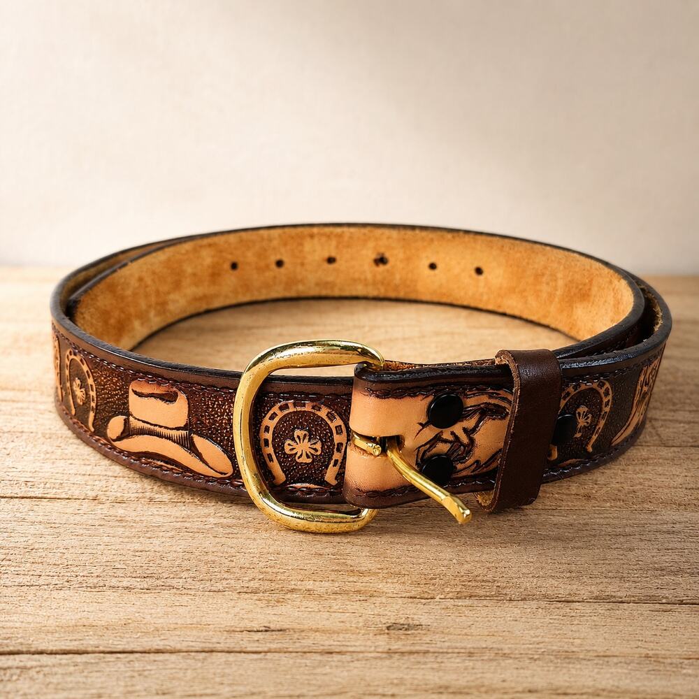 Vintage Western Cowboy Belt 80s 90s Tooled Full Grain Cowhide Brown‎ 40 Unisex